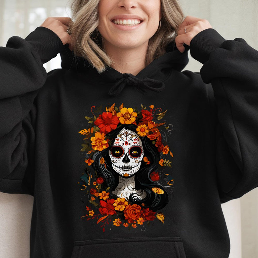 Day Of The Dead Hoodie | Sugar Skull La Catrina Floral Design | Premium Cotton Blend | Gift For Mexican Heritage Cultural Art Enthusiasts