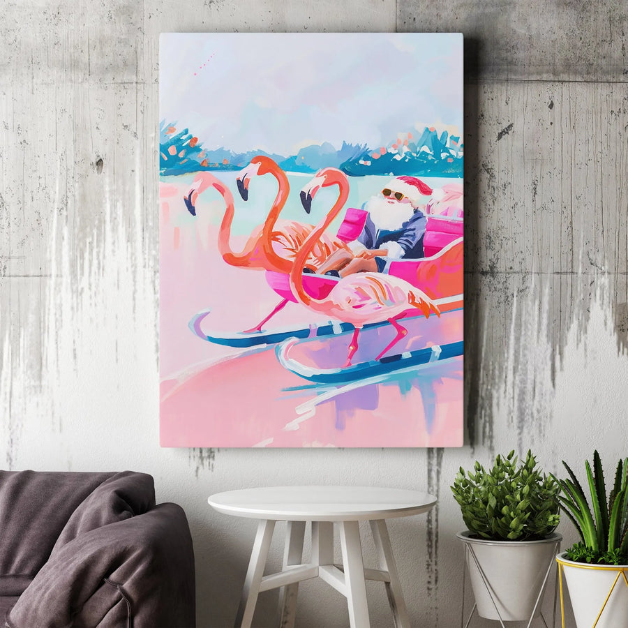 Tropical Santa Sleigh Canvas | Flamingo Christmas Wall Art | Premium Gallery Wrap Print | Festive Coastal Holiday Decor for Home Office