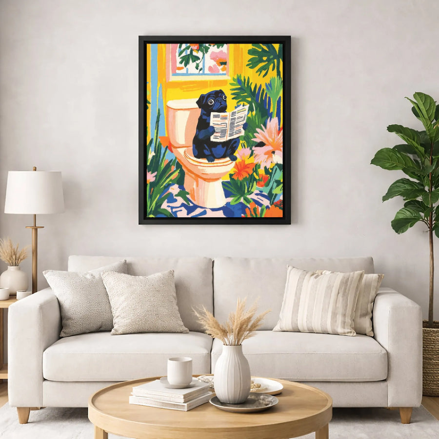 Black Pug Bathroom Art Print | Funny Dog Reading Newspaper On Toilet | Gallery-Quality Canvas Wall Decor | Quirky Gift for Dog Lovers