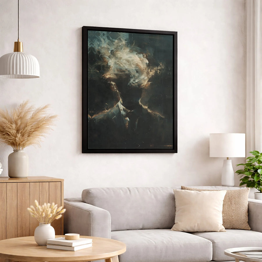 Surreal Man in Suit Canvas Art | Abstract Exploding Smoke Head Portrait | Gallery Wrapped Premium Wall Decor | Moody Office and Home Office Gift