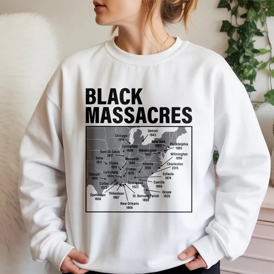 Black History Map Sweatshirt | US Historical Massacres Design | Premium Cotton Blend Crewneck | Afro American Education Gift for Adults