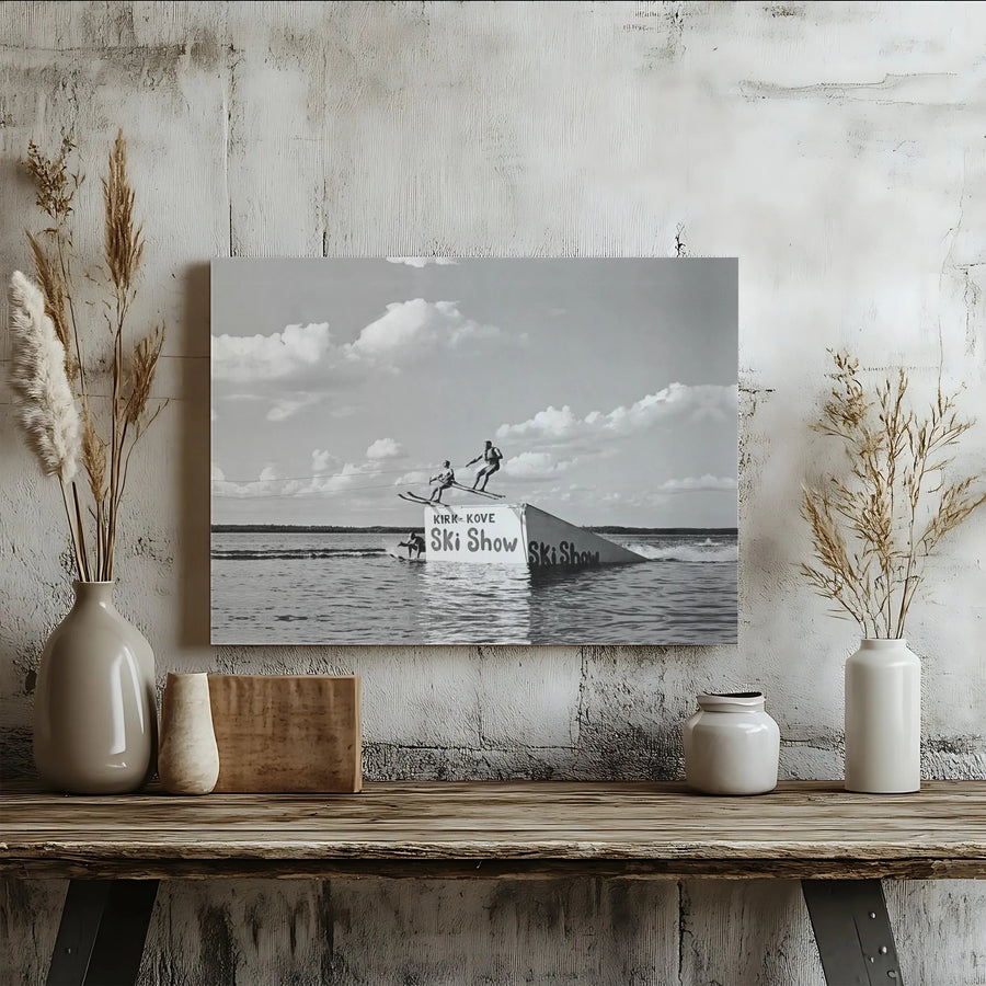 Vintage Water Skiing Wall Art | Black and White Action Photography Print | Premium Gallery Wrap Canvas | Retro Summer Lake House Decor Gift