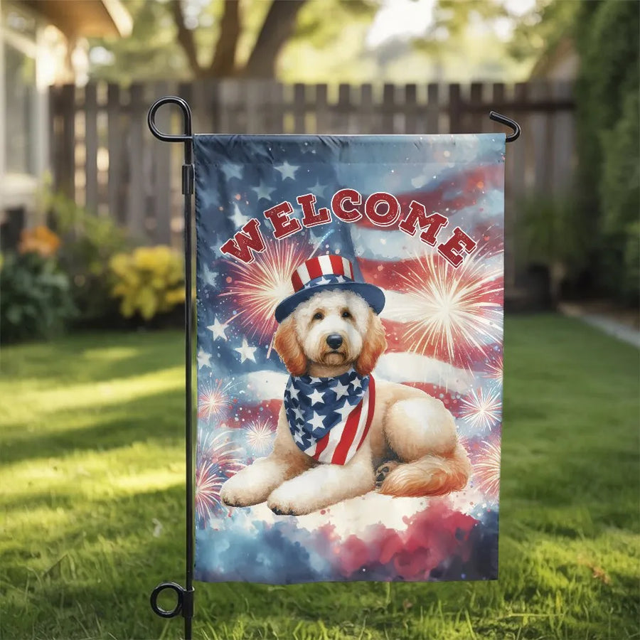 Patriotic Goldendoodle Garden Flag | American Flag Fireworks Welcome Sign | Premium Double Sided Polyester | 4th of July Yard Decor Gift for Dog Lovers