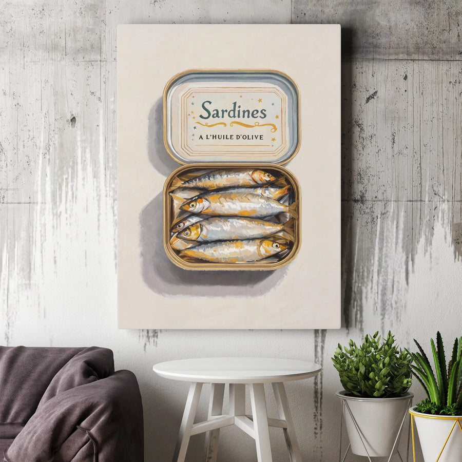 Sardine Tin Canvas Art | Vintage French Kitchen Wall Decor | Premium Fade-Resistant Print | Unique Foodie Gift for Home or Restaurant