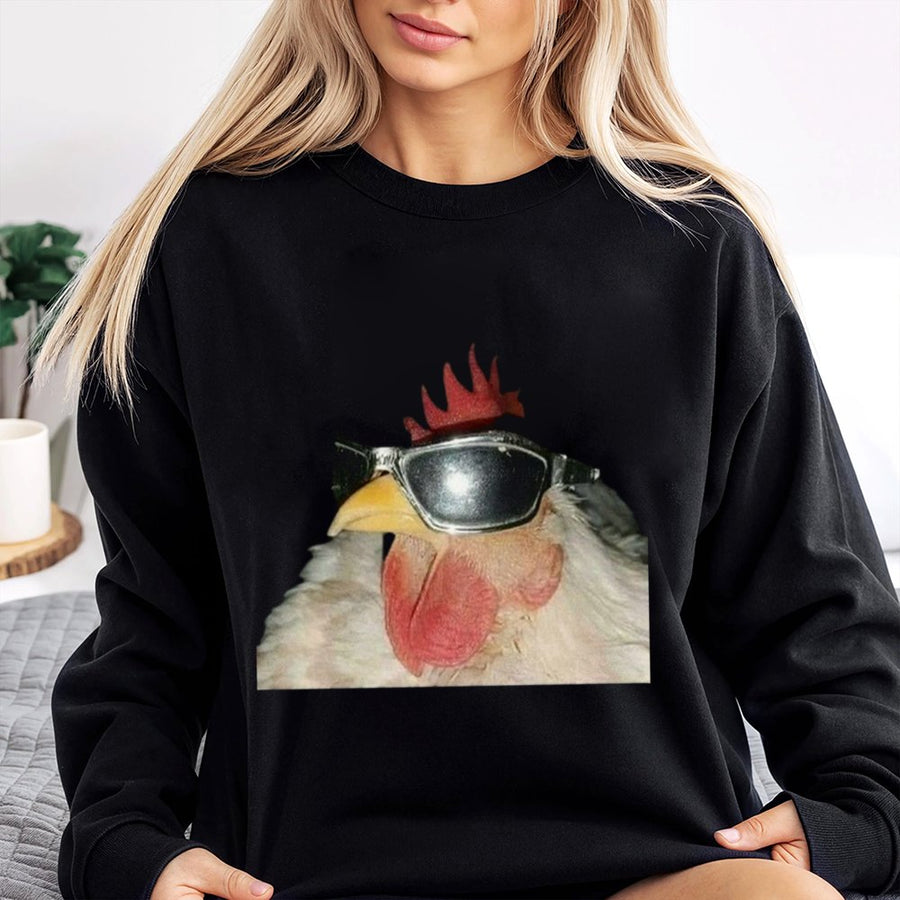 Funny Chicken Sweatshirt | Cool Rooster Wearing Sunglasses Graphic | Unisex Cotton Blend Pullover | Quirky Meme Gift for Farm Animal Lovers