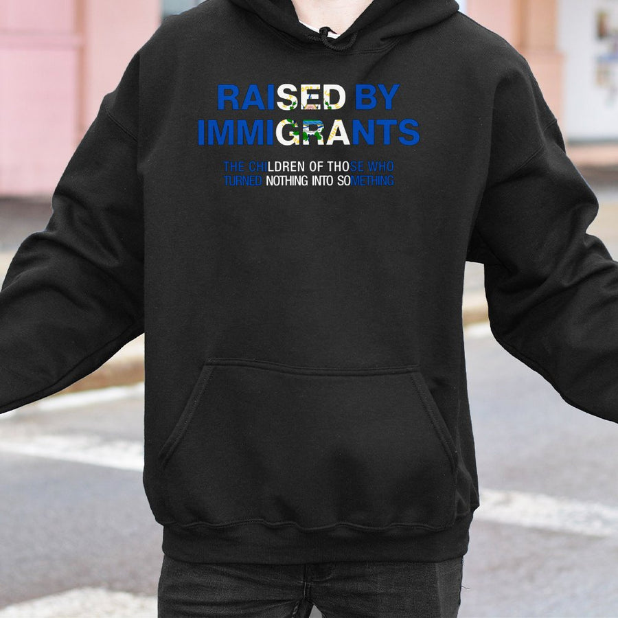 Raised By Immigrants Hoodie | El Salvador Flag Graphic Design | Premium Cotton Blend | Meaningful Heritage Gift for Salvadoran Americans