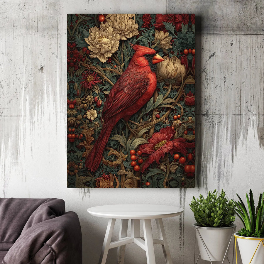 Red Cardinal Canvas Print | Arts and Crafts Style Botanical Art | Premium Gallery Wrap Canvas | Wall Decor Gift for Bird Lover