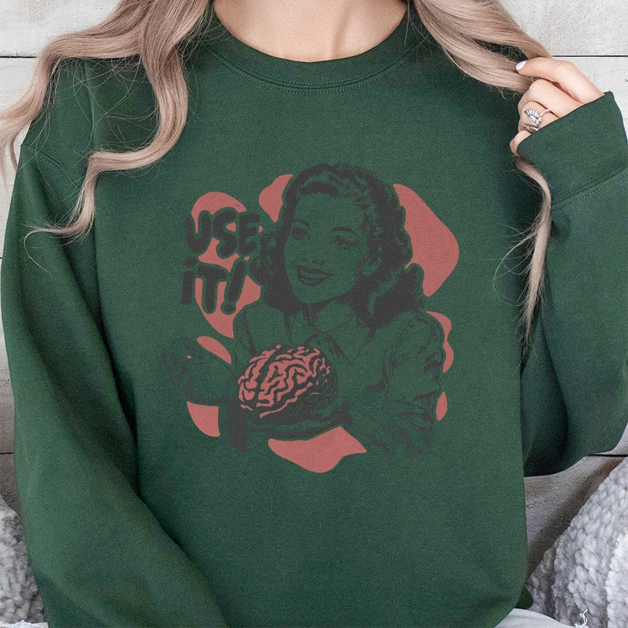 Use It Brain Sweatshirt | Retro 50s Ad Parody Graphic | Premium Cotton Blend | Funny Sarcastic Gift For Thinkers