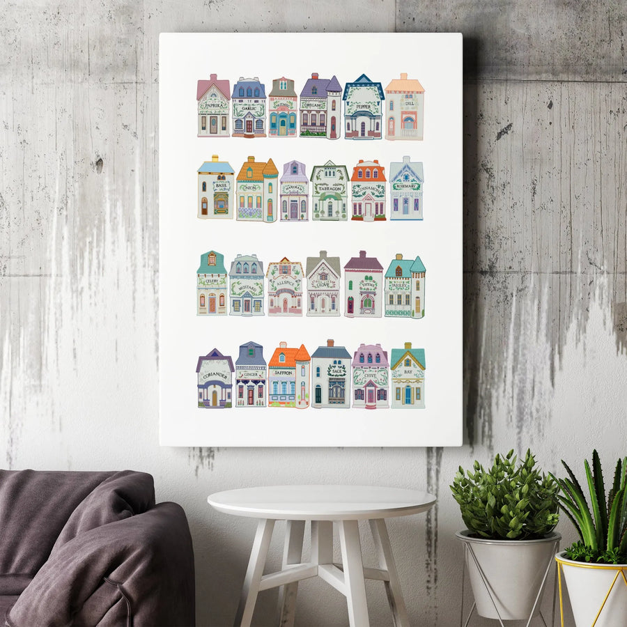 Spice Village Canvas Art | Whimsical Herb House Illustration | Premium Gallery Wrapped Print | Kitchen Wall Decor Gift
