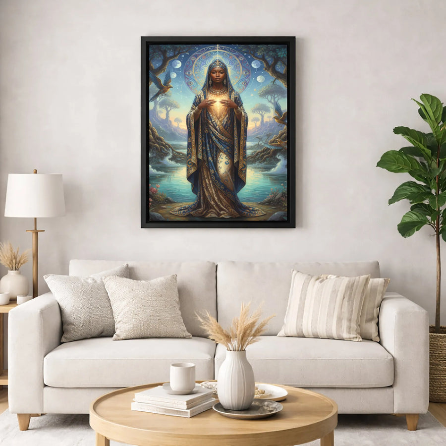 Divine Black Goddess Canvas Wall Art | Celestial Mandala Spiritual Portrait | Premium 1.25 Inch Thick Gallery Wrap | Aesthetic Home Decor Gift