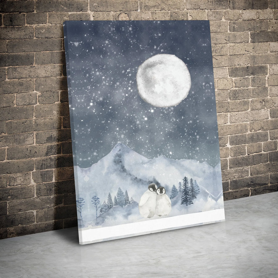 Baby Penguin Wall Art | Cuddling Penguins in Snow Under Full Moon | Premium Gallery-Wrapped Canvas | Nursery Decor or Winter Holiday Gift