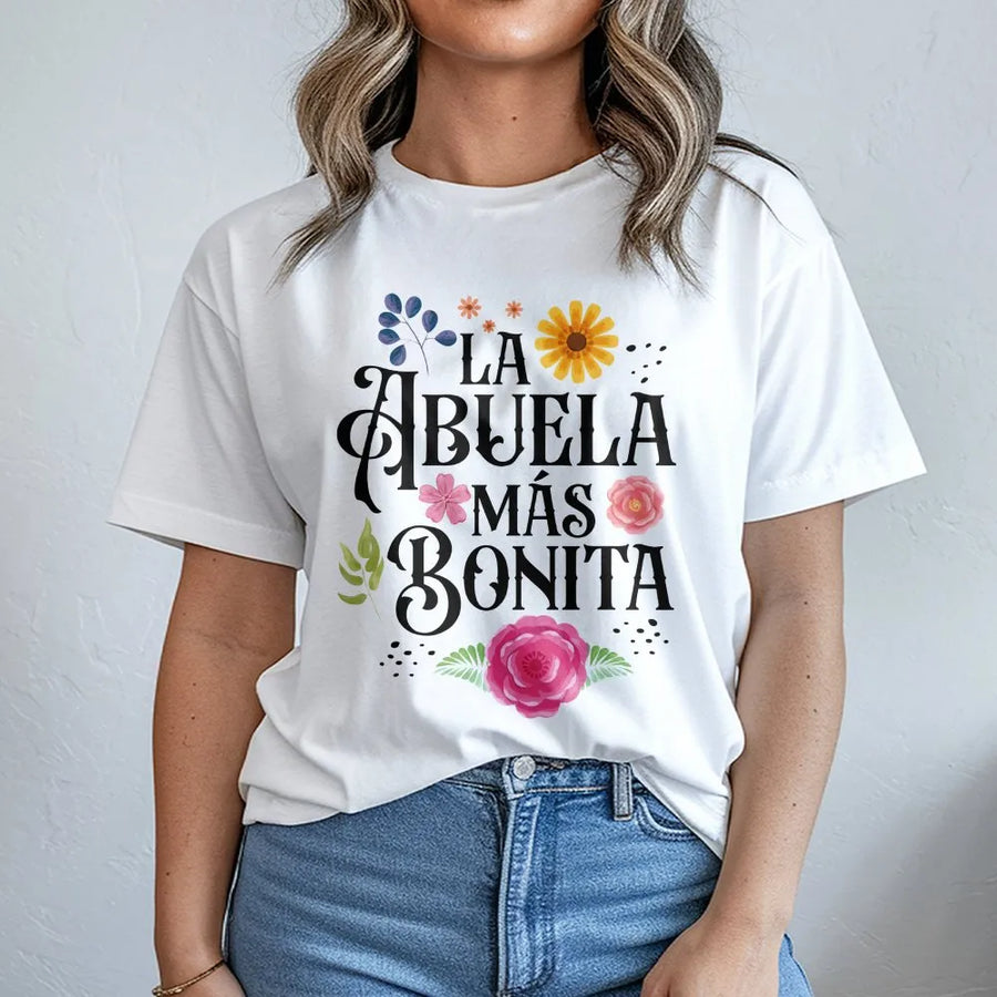 La Abuela Más Bonita T-Shirt | Floral Spanish Quote Graphic Tee | Premium Cotton Casual Fit | Mother's Day Gift for Hispanic Grandma