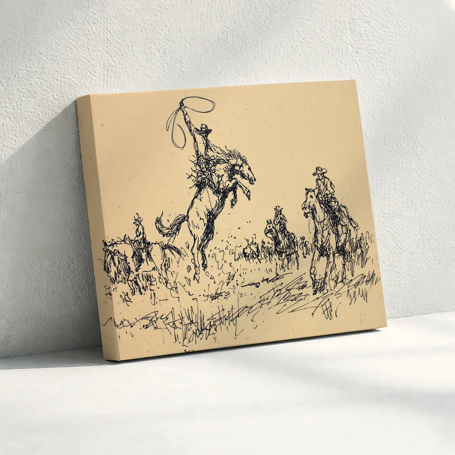 Cowboy Bucking Bronco Canvas Wall Art | Western Rodeo Sketch Print | Premium Fade-Resistant Canvas | Gift for Rancher & Rustic Home Decor
