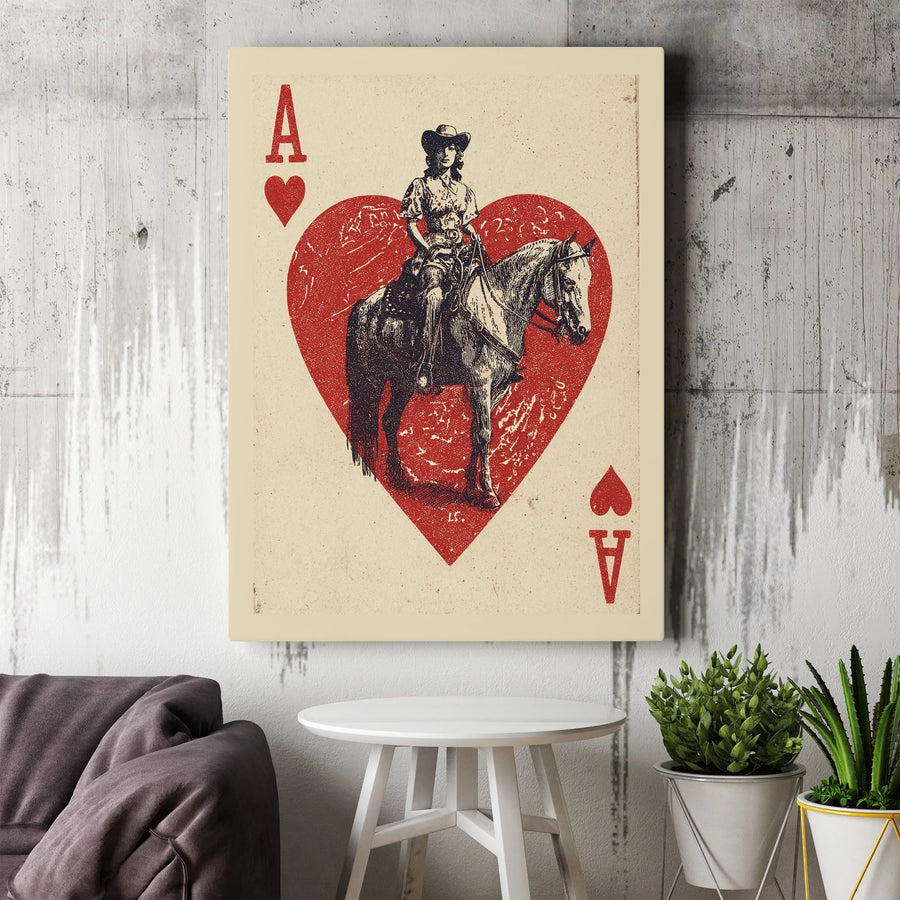 Cowgirl Ace of Hearts Canvas Art | Vintage Western Playing Card Print | Premium Gallery Wrapped Canvas | Rustic Home Decor Gift for Her