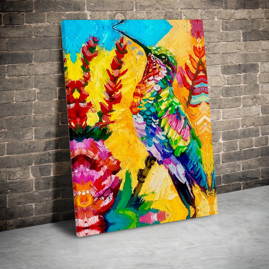 Colorful Hummingbird Canvas Wall Art | Abstract Impasto Oil Painting Style | Premium Fade-Resistant Gallery Wrap | Modern Home Office Decor Gift