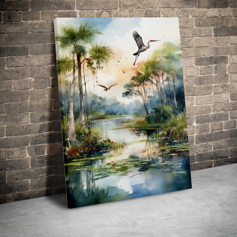 Florida Everglades Swamp Canvas | Watercolor Heron Bird Wall Art | 1.25 Inch Gallery Wrap | Tropical Palm Tree Decor for Home Office