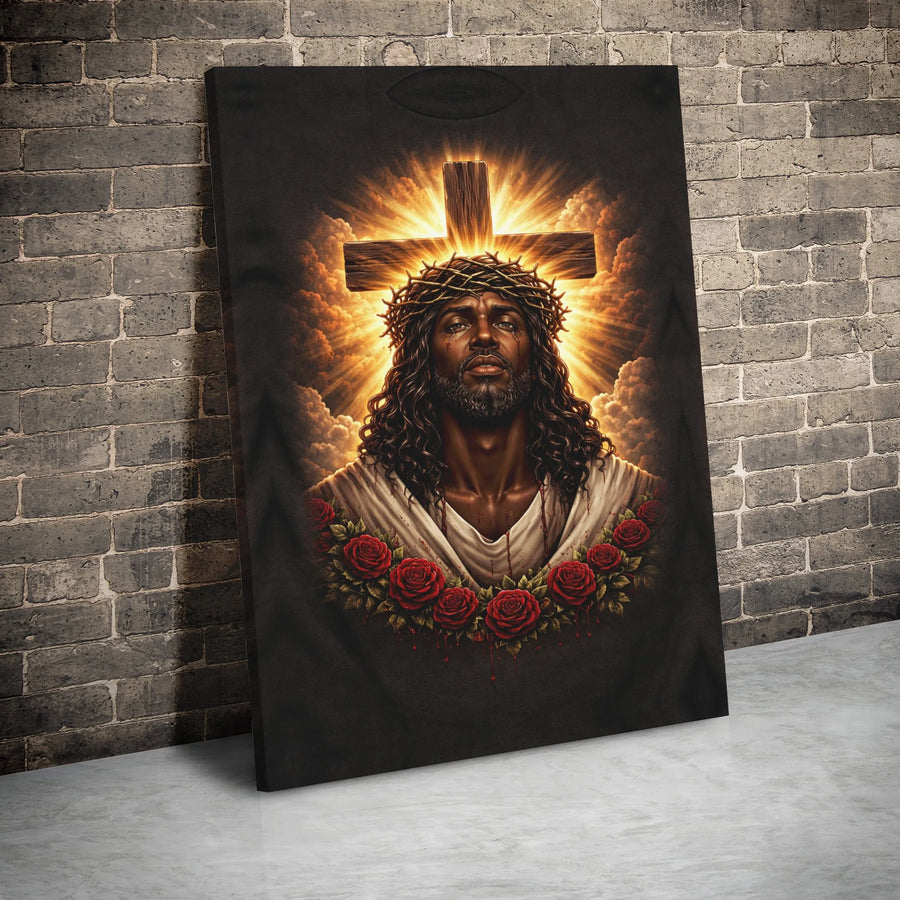 Black Jesus Canvas Wall Art | Crown Of Thorns And Red Roses | Premium Gallery Wrap Print | Religious Home Decor Gift For Faithful Believers