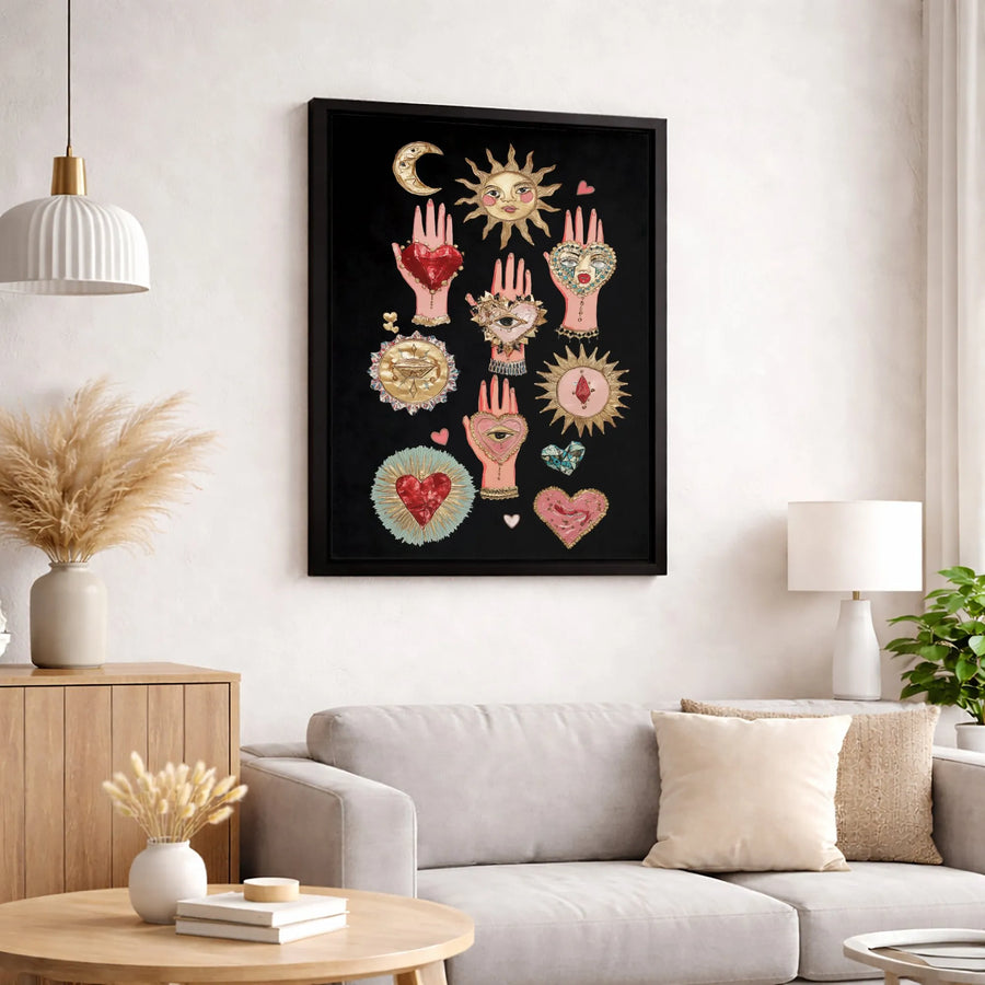 Mystical Celestial Canvas Art | Sacred Heart and Sun Hands Design | Premium Gallery-Wrapped Wall Decor | Spiritual Home Office Aesthetic Gift
