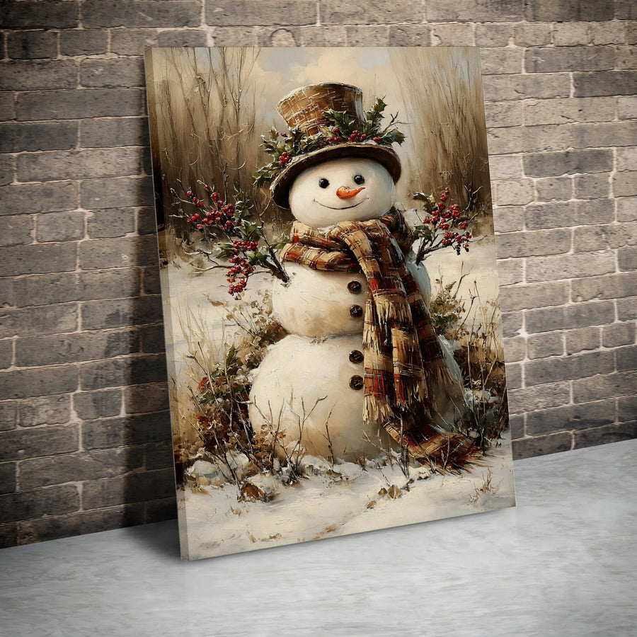 Rustic Snowman Canvas Art | Vintage Winter Holiday Painting | Premium Fade-Resistant Gallery Print | Festive Farmhouse Christmas Wall Decor