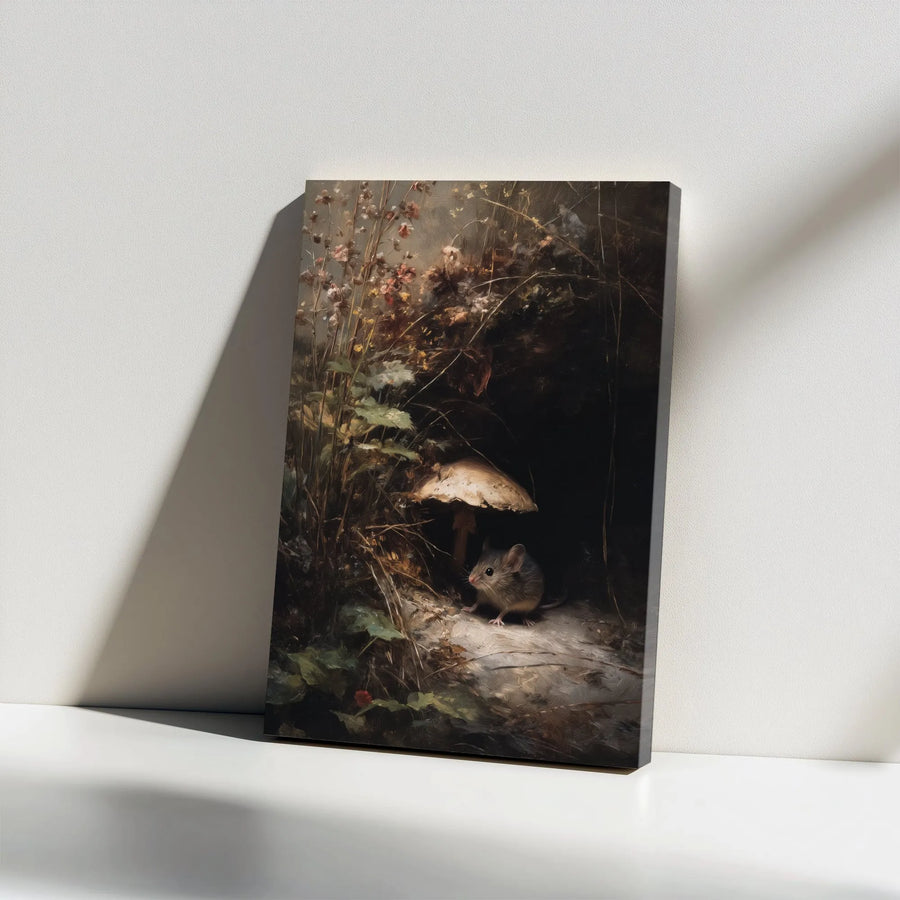 Vintage Mouse Painting Canvas Wall Art | Moody Forest with Mushroom | Premium Canvas Print | Dark Academia & Cottagecore Home Decor Gift