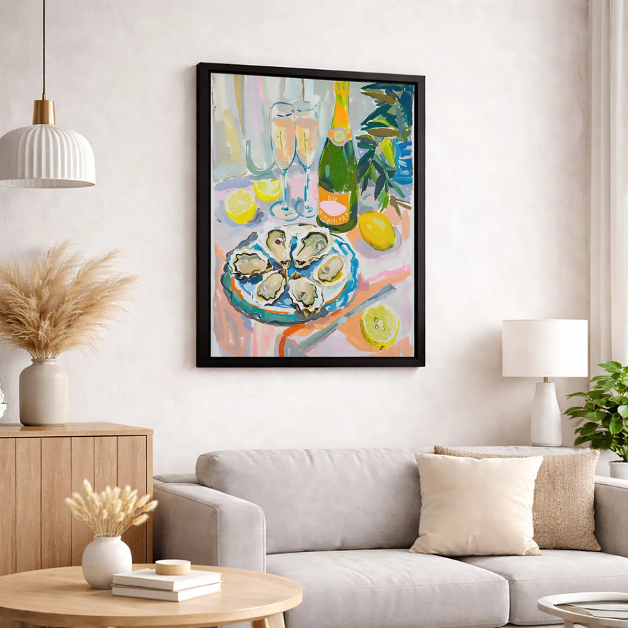 Oysters and Champagne Canvas Art | Coastal Kitchen Still Life | Premium Fade-Resistant Gallery Wrap | Modern Dining Room Decor Gift
