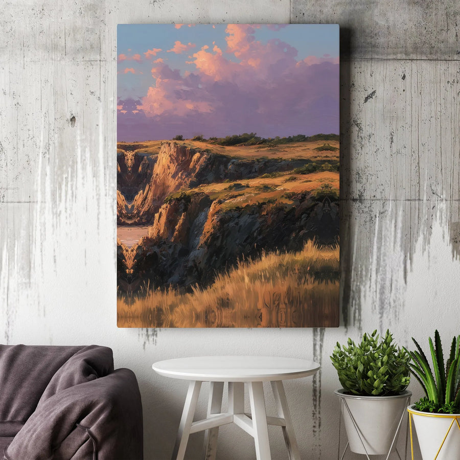 Coastal Cliffs Landscape Canvas Wall Art | Painterly Sunset Ocean View | 1.25 Inch Premium Gallery Wrap | Modern Nature Home Decor