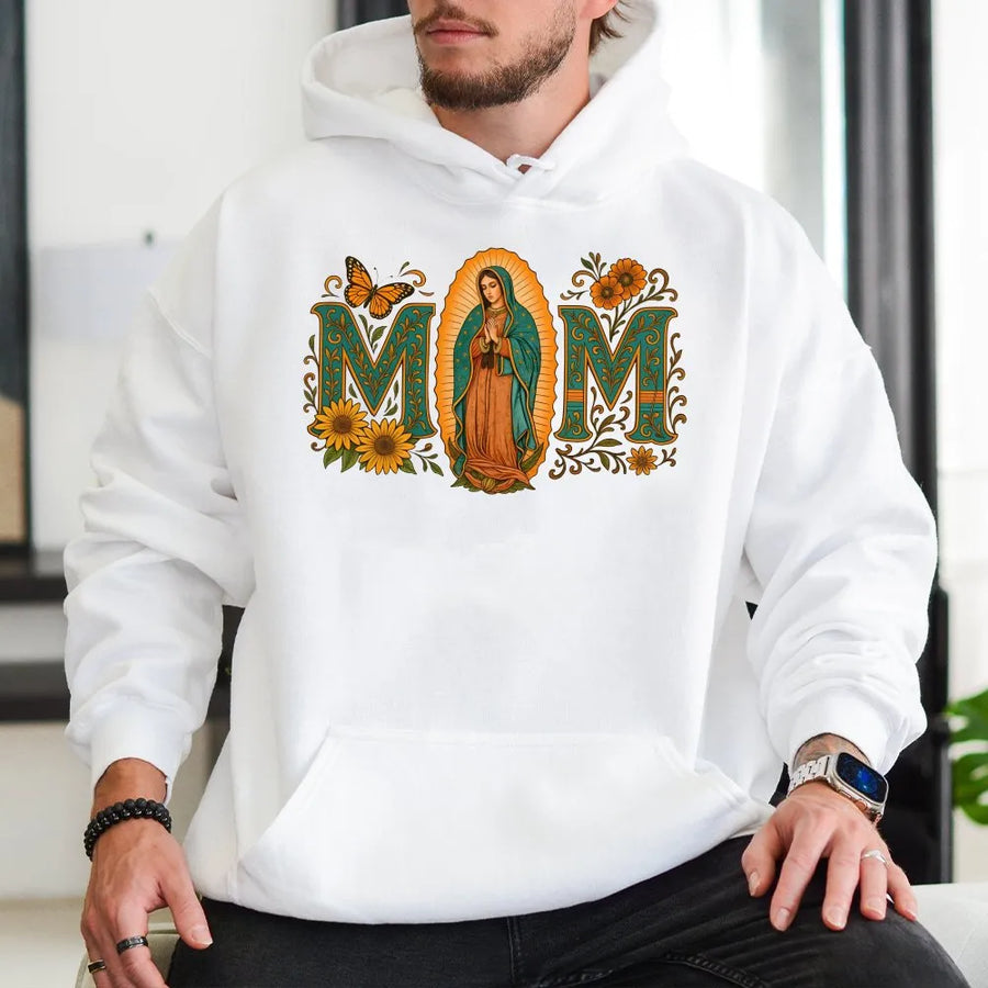Virgen De Guadalupe Mom Hoodie | Floral Mexican Heritage Graphic | Premium Cotton Blend | Religious Mother's Day 2026 Gift for Latina Mom