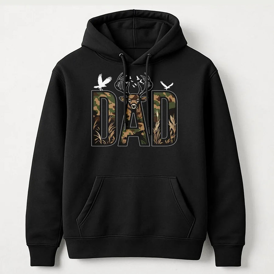 Hunting Dad Hoodie | Camo Deer Graphic Tee for Outdoorsman | Premium Cotton Shirt | Unique Father's Day Gift for Hunter
