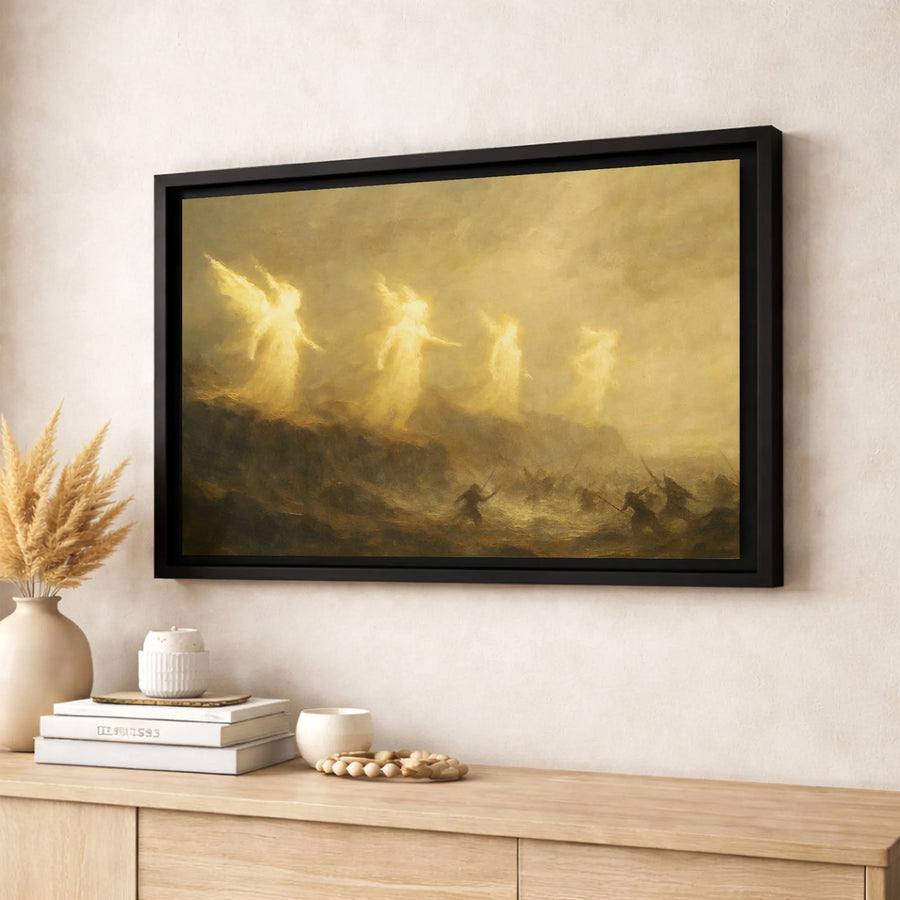 Guardian Angels Canvas Wall Art | Luminous Warrior Battlefield Scene | Premium Gallery Wrap Print | Spiritual Home Decor Gift