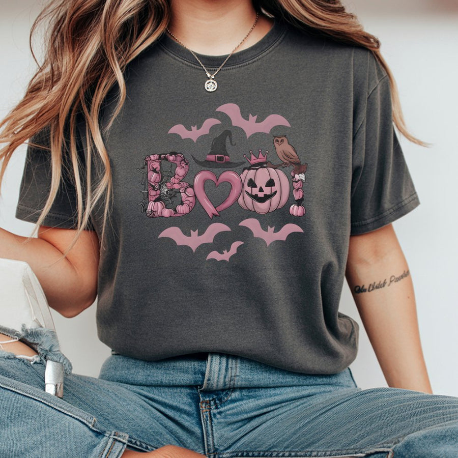 Boo Pink Halloween T-Shirt | Cute Pumpkin Owl Graphic Print | 100% Soft Cotton Tee | Spooky Aesthetic Fall Gift For Women