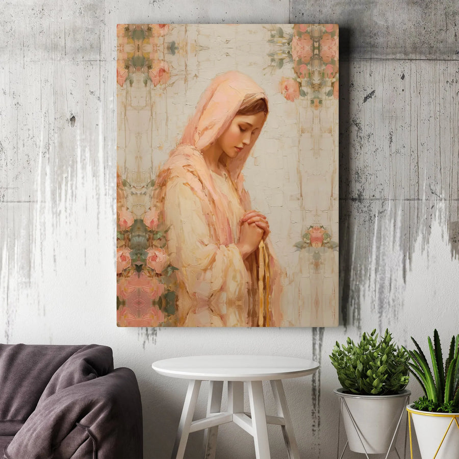 Virgin Mary Canvas Wall Art | Vintage Rose Religious Portrait | Premium Gallery Wrapped Canvas | Christian Home Decor Gift