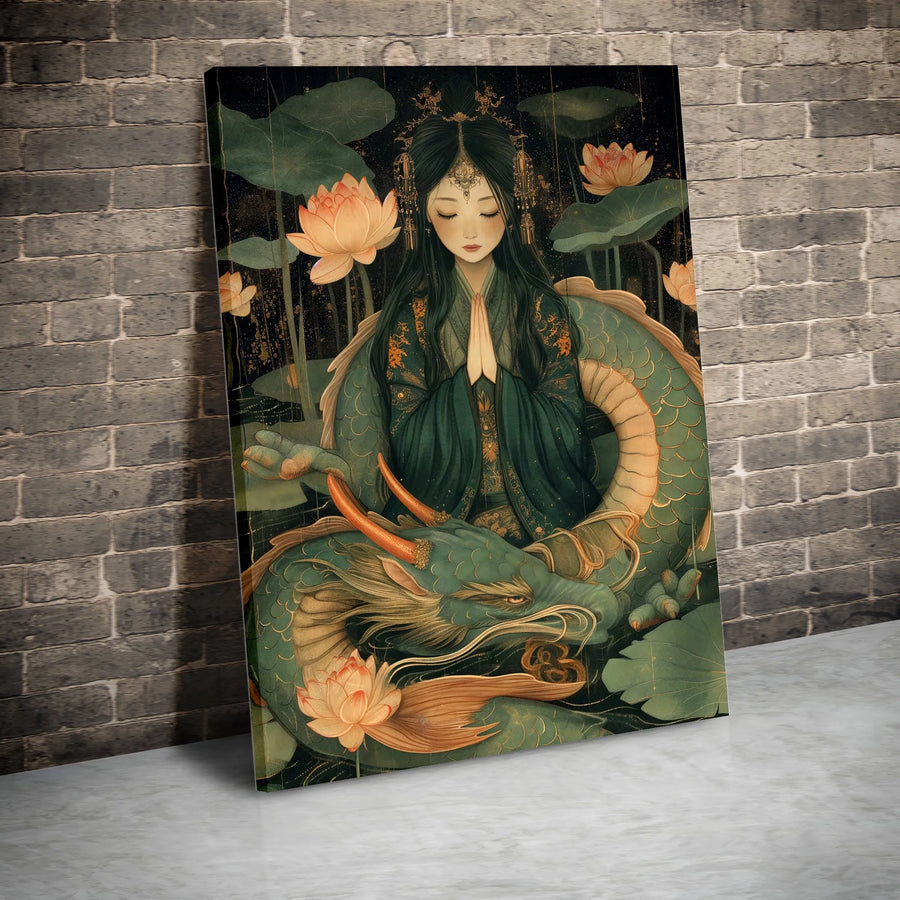 Dragon and Goddess Canvas Art | Mythical Asian Dragon & Lotus Flower Print | Premium Gallery-Style Canvas | Zen Meditation & Yoga Room Decor