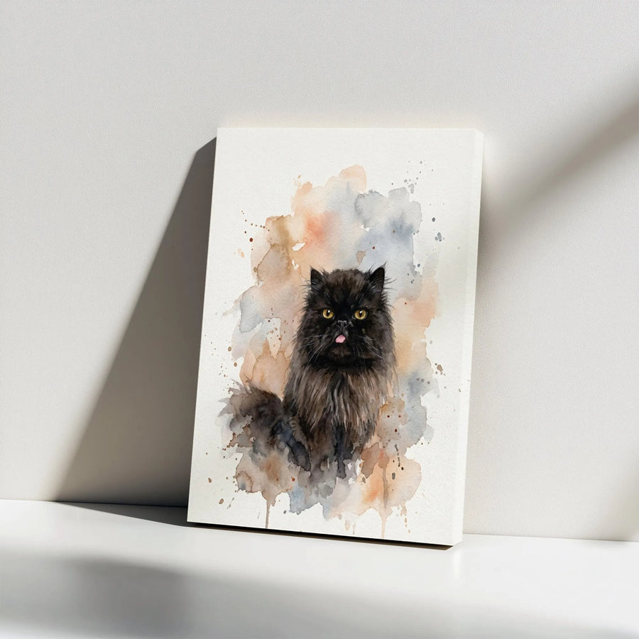 Black Persian Cat Canvas Art | Whimsical Watercolor Blep Portrait | Premium Gallery-Wrapped Print | Unique Pet Lover Gift Decor