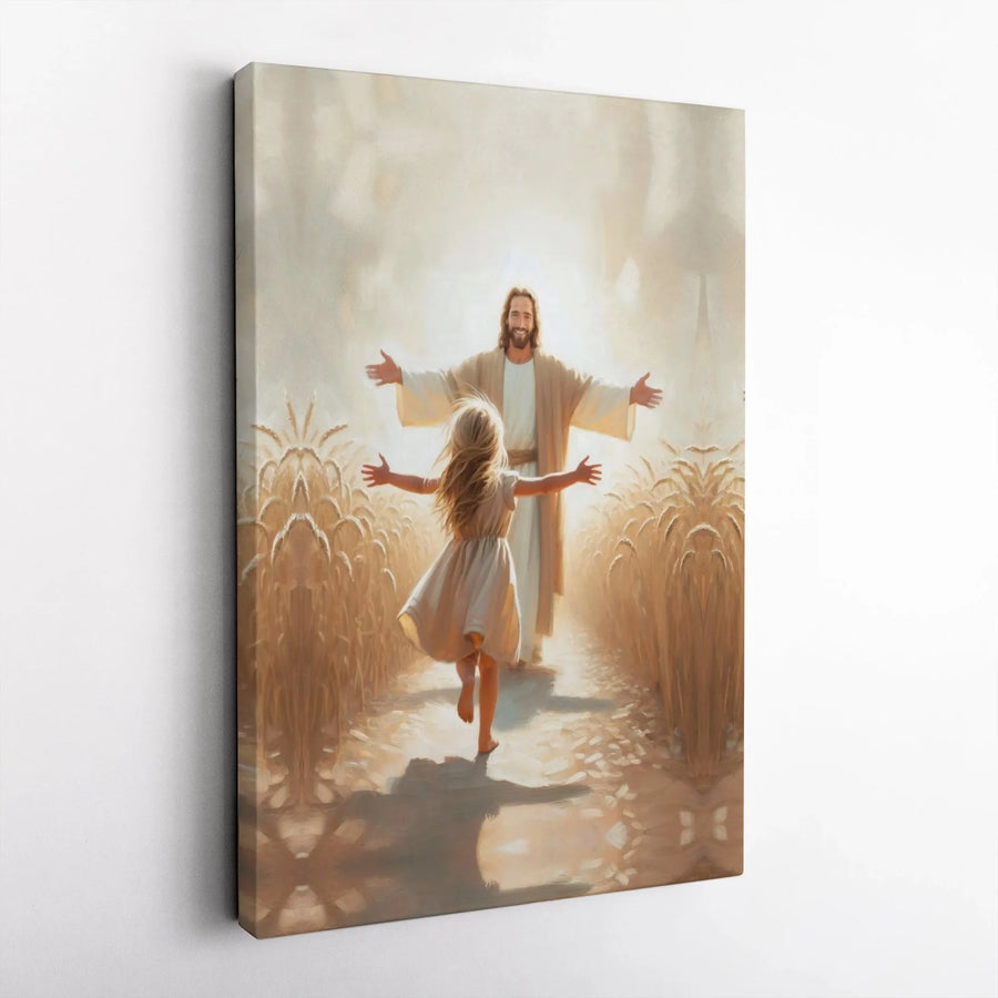 Jesus Welcoming Girl Canvas Wall Art | Wheat Field Spiritual Home Decor | Gallery-Wrapped 1.25-Inch Profile | Inspirational Christian Gift