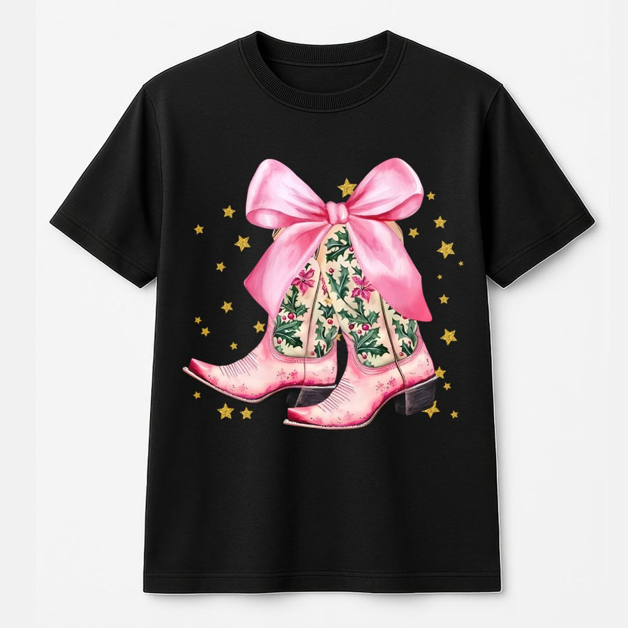 Pink Cowboy Boots T-Shirt | Christmas Holly and Bow Western Graphic Tee | Premium Cotton Soft Shirt | Cute Holiday Western Gift for Women