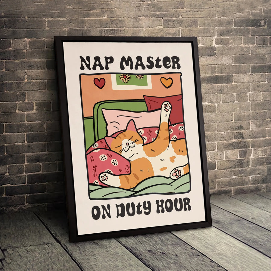 Sleeping Orange Cat Canvas Wall Art | Nap Master Retro Cartoon Decor | Premium Gallery Wrap Print | Funny Bedroom Gift For Cat Lovers