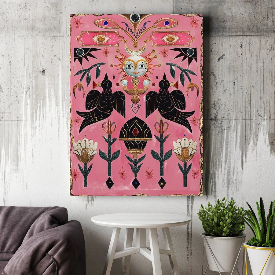 Mystical Sun and Moon Wall Art | Symmetrical Crow Folk Art Print | Premium 1.25" Gallery Canvas | Boho Spiritual Home Decor Gift