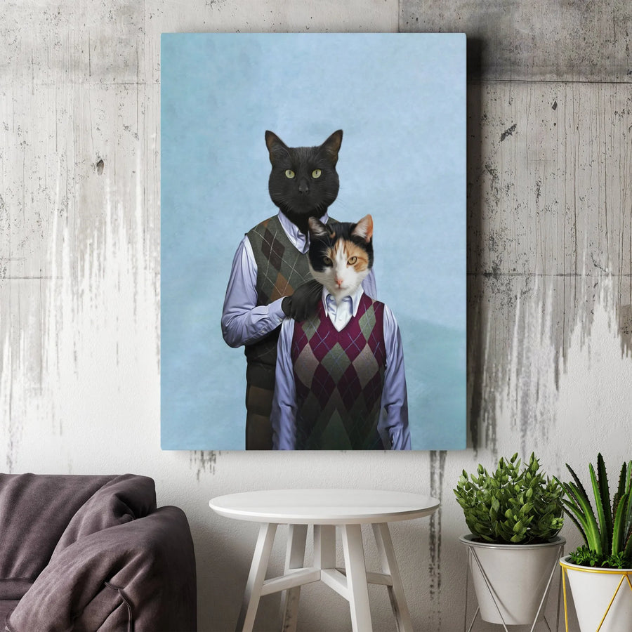 Anthropomorphic Cat Couple Canvas | Vintage Argyle Vest Portrait | Premium 1.25-inch Gallery Wrap | Unique Funny Pet Lover Gift