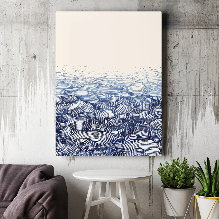 Abstract Ocean Waves Canvas Wall Art | Blue And White Linocut Print | Premium Fade-Resistant Gallery Wrap | Modern Home Office Decor Gift