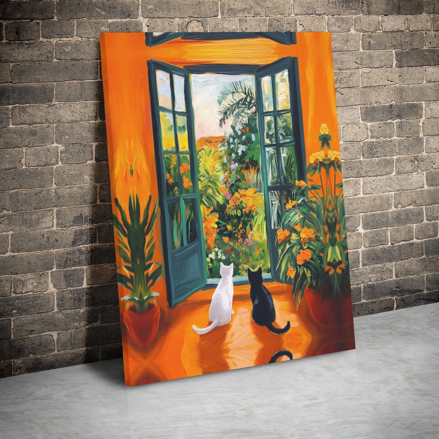 Two Cats Garden Canvas Art | Whimsical Window View Wall Decor | Premium 1.25 Inch Gallery Wrap | Unique Cat Lover Home Gift