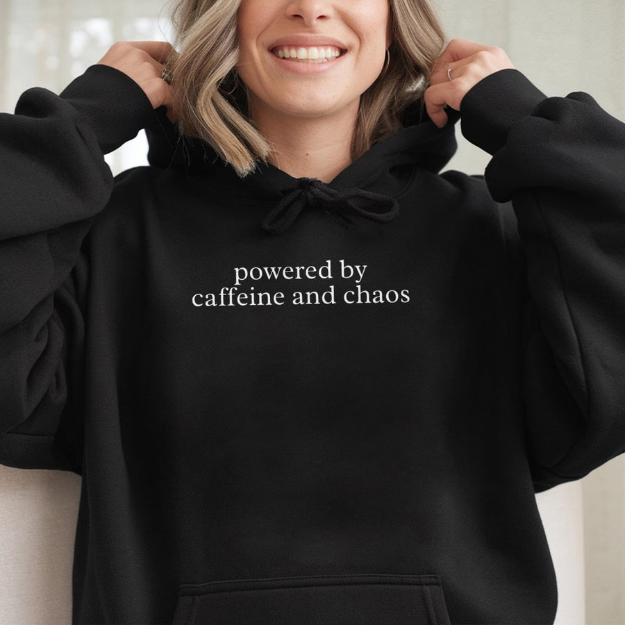 Powered By Caffeine And Chaos Hoodie | Funny Coffee Lover Graphic | Soft Cotton Blend Unisex Pullover | Sarcastic Gift For Coffee Addict
