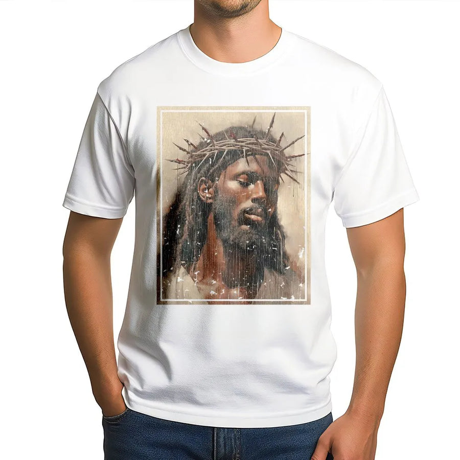 Black Jesus T-Shirt | Crown of Thorns Religious Art | Premium Cotton-Blend Pullover | Christian Faith Gift for Men and Women