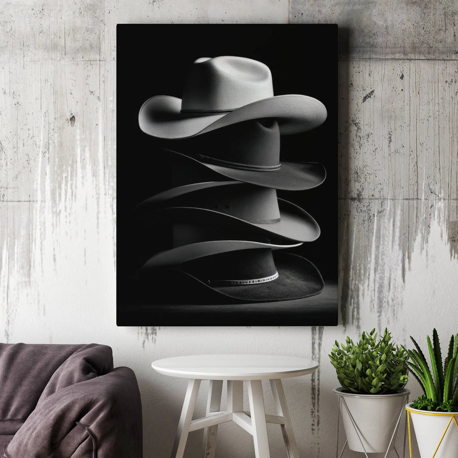 Cowboy Hat Stack Canvas Print | Black and White Western Wall Art | 1.25-Inch Gallery Wrap | Premium Decor for Ranch House or Office