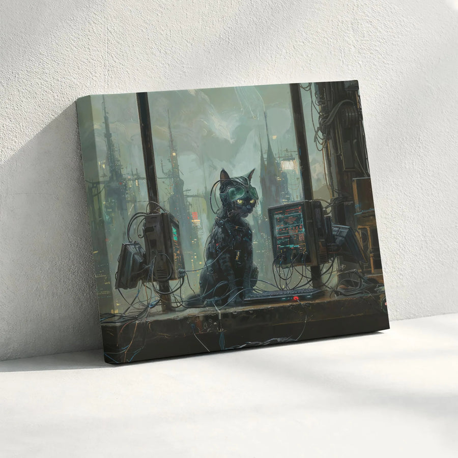 Cyberpunk Cat Canvas Print | Futuristic Cyborg Tech Wall Art | Gallery-Quality 1.25 Inch Frame | Sci-Fi Gift for Gamers