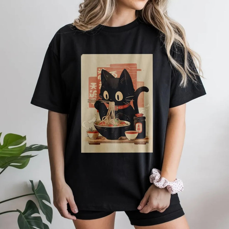 Black Cat Ramen T-Shirt | Kawaii Anime Noodle Graphic Design | Premium Cotton Unisex Apparel | Cute Japanese Foodie Gift for Cat Lovers