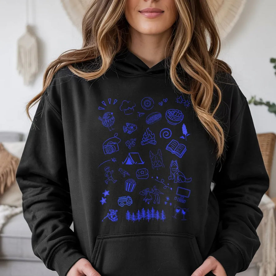 Eclectic Hobbies Graphic Hoodie | Hand-Drawn Doodle Collage Print | Soft Cotton-Blend Pullover | Unisex Casual Wear Gift