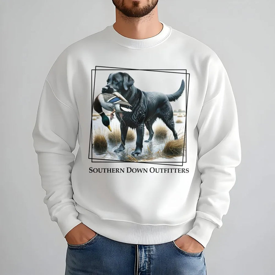 Black Labrador Retriever Sweatshirt | Hunting Dog Duck Fetch Design | Premium Cotton Blend Crewneck | Gift for Hunters and Dog Lovers