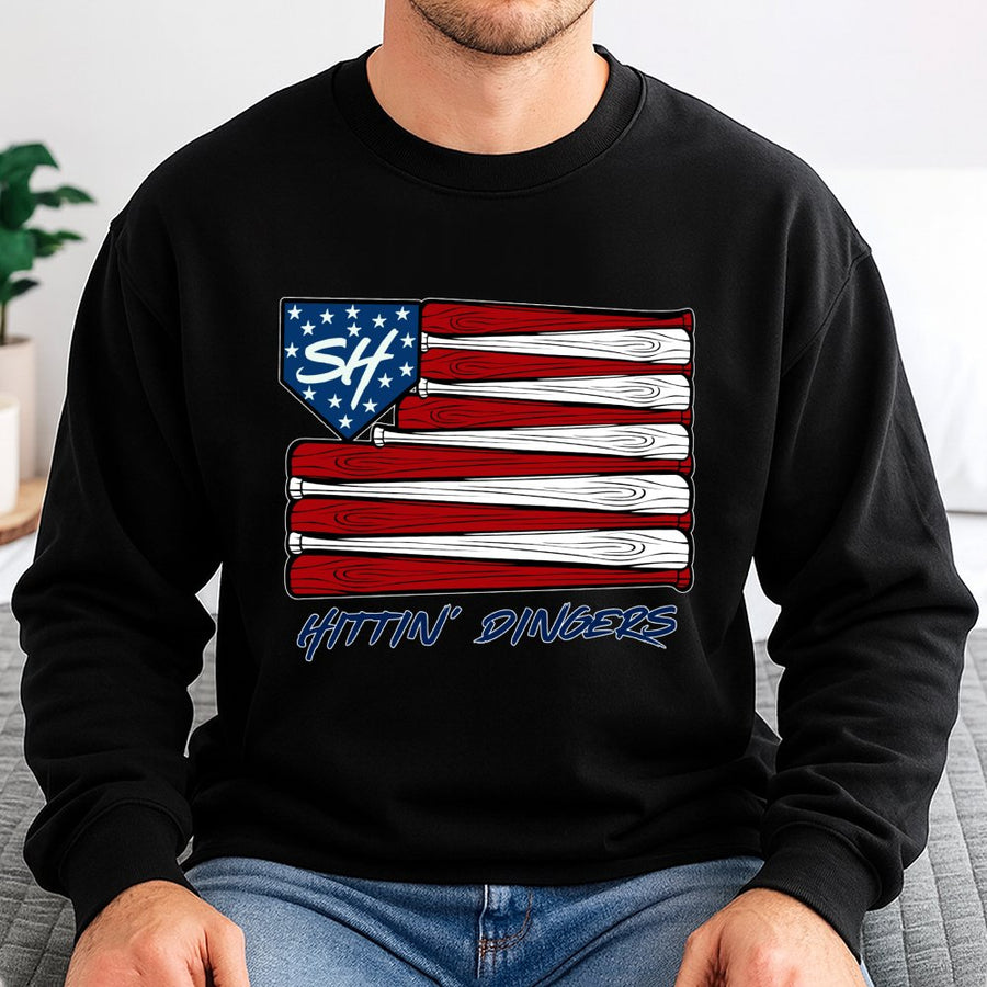 Hittin' Dingers Baseball Sweatshirt | American Flag Bat Design | Premium Cotton Blend | Gift for Baseball Players and Softball Fans