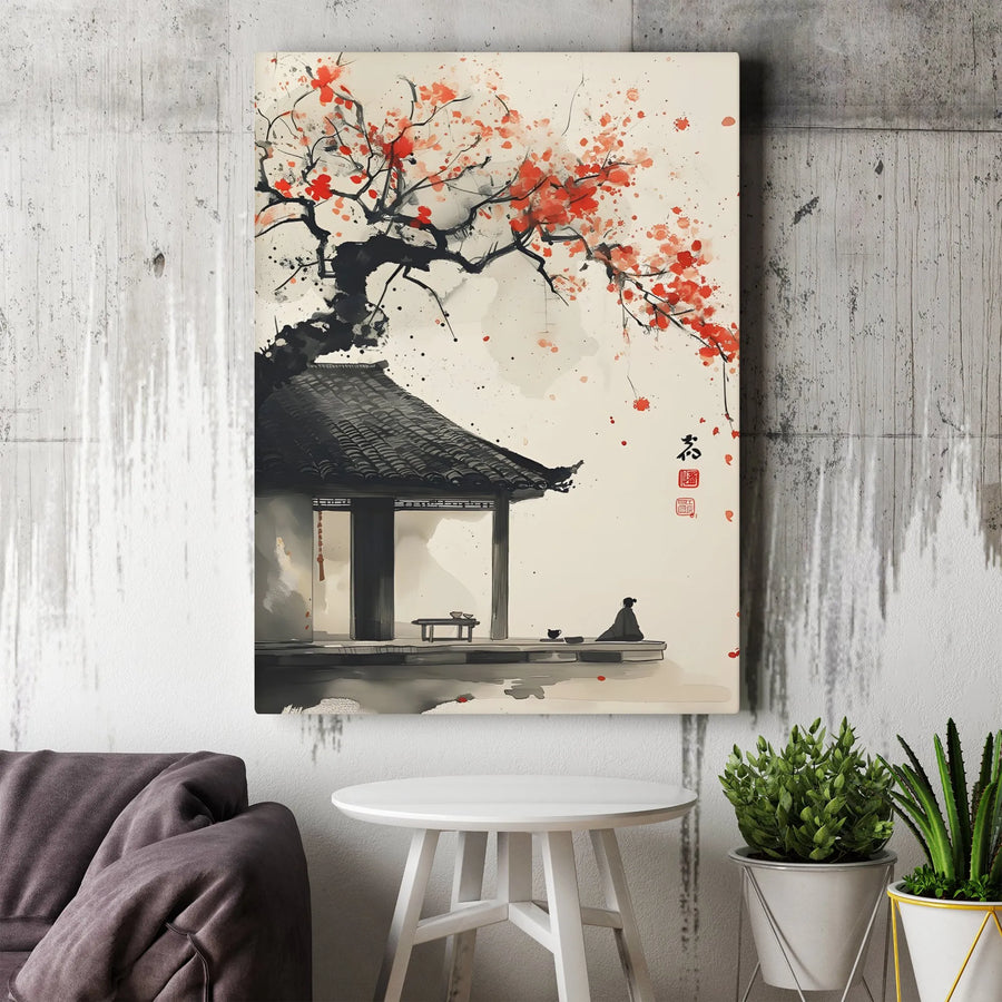 Japanese Cherry Blossom Canvas | Sumi-e Ink Wash Painting | Premium Frameless Wall Art | Zen Home Decor Gift
