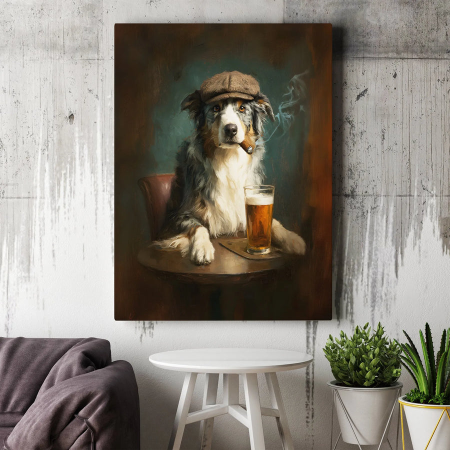 Australian Shepherd Wall Art | Funny Dog with Cigar and Beer Painting | Premium Gallery Canvas | Unique Man Cave Home Decor Gift